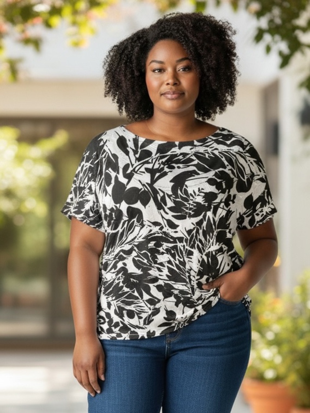 JM Collection Black & White Floral Print Top – XL